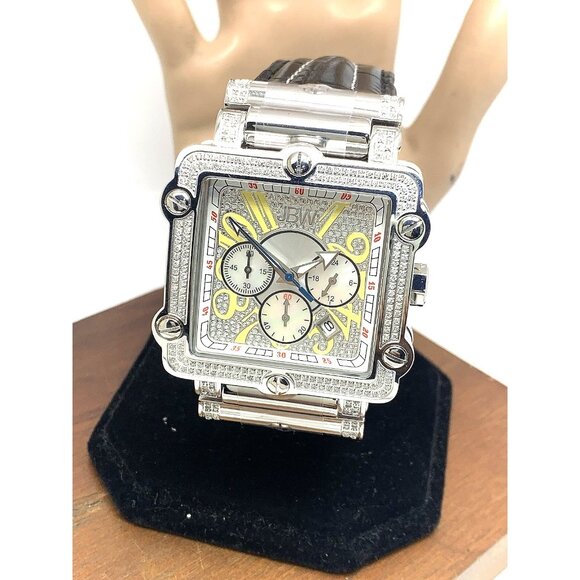 JBW Men's Watch JB6215 Phantom Diamond Quartz Silver Square 42mm Black Leather - Picture 1 of 14